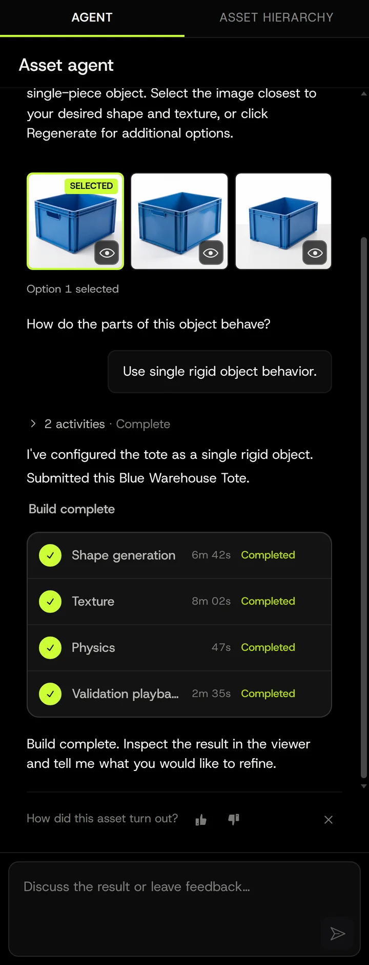 Build progress in the Agent panel, with per-stage timings.