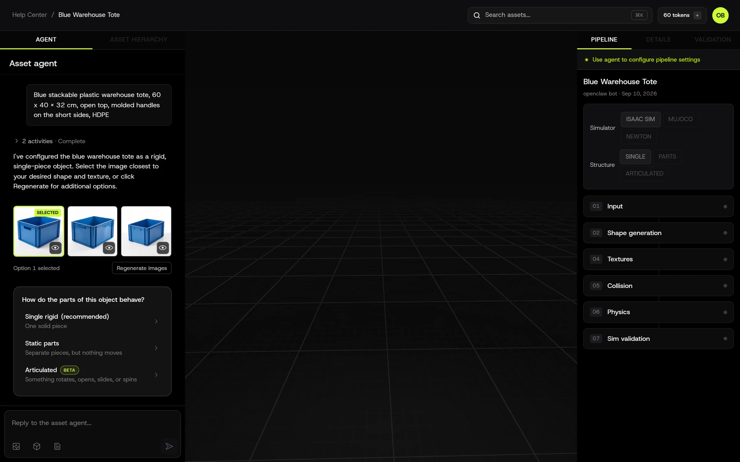 The Agent panel on the left, the stage in the middle, the Pipeline tab on the right.