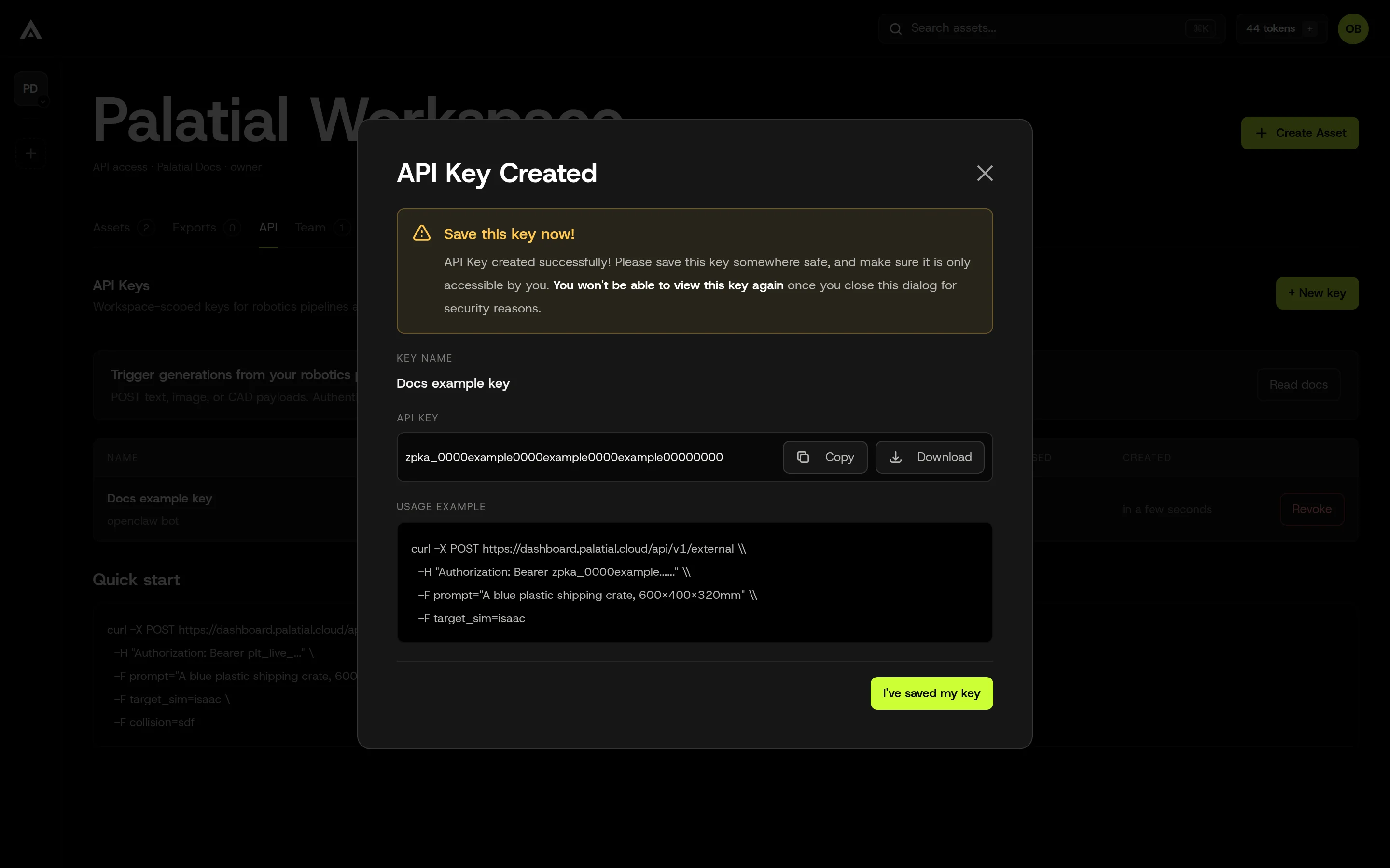 The API Key Created dialog showing an example key value, Copy and Download buttons, and a usage example.