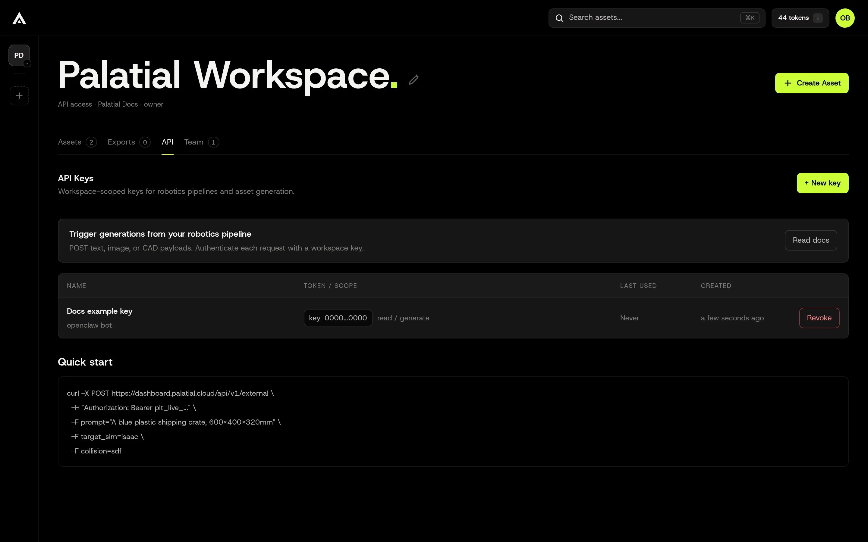The API tab listing one key with a masked value, its read and generate scope, last-used time, and a Revoke button.