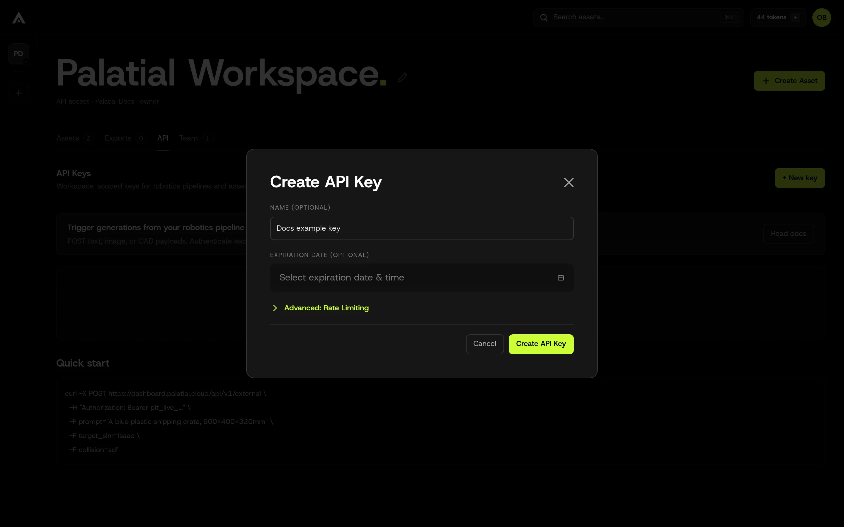 The Create API Key dialog with the name field filled in and optional expiration and rate limiting fields.