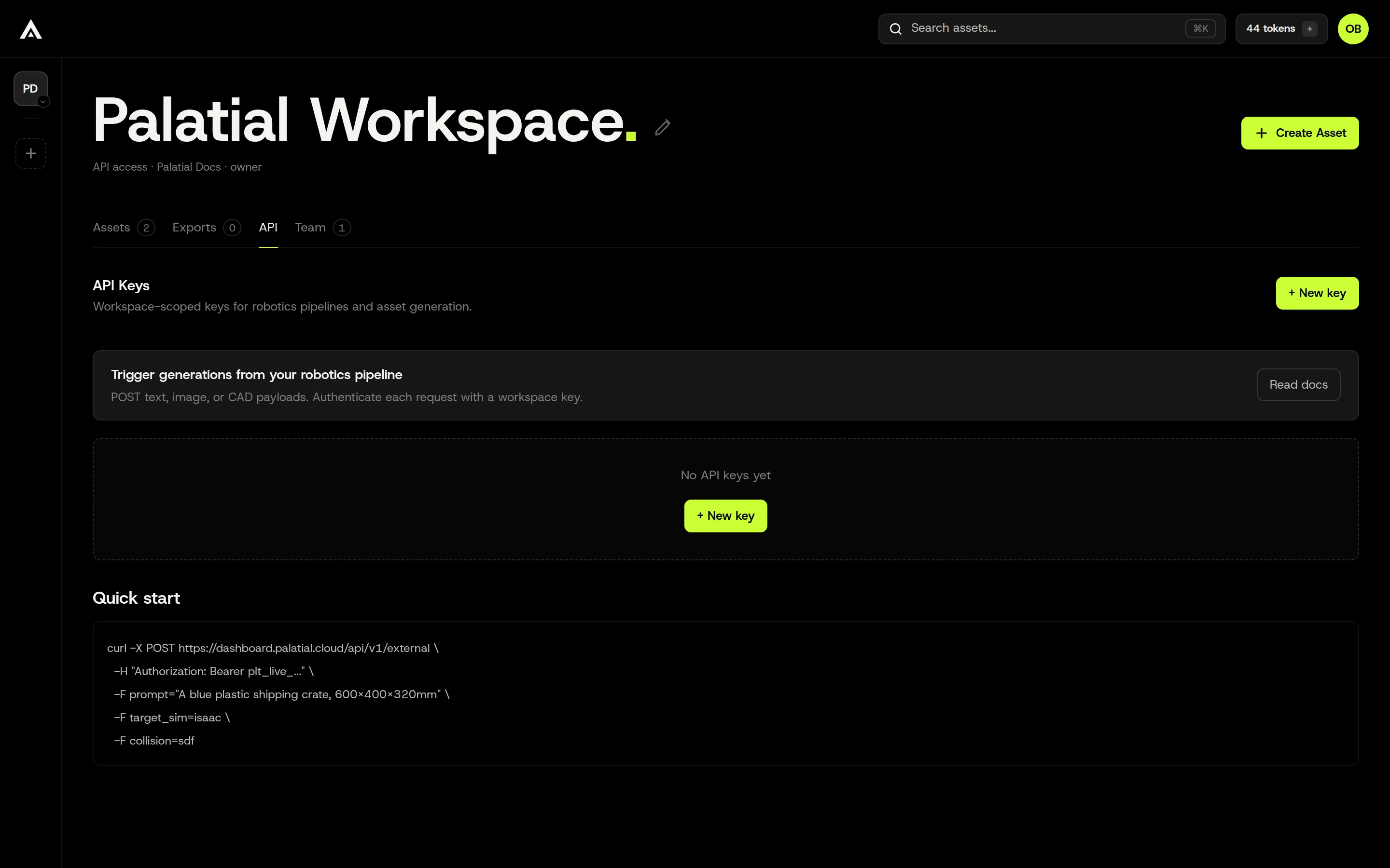 The workspace API tab, showing the API Keys panel with a New key button and a Quick start example.