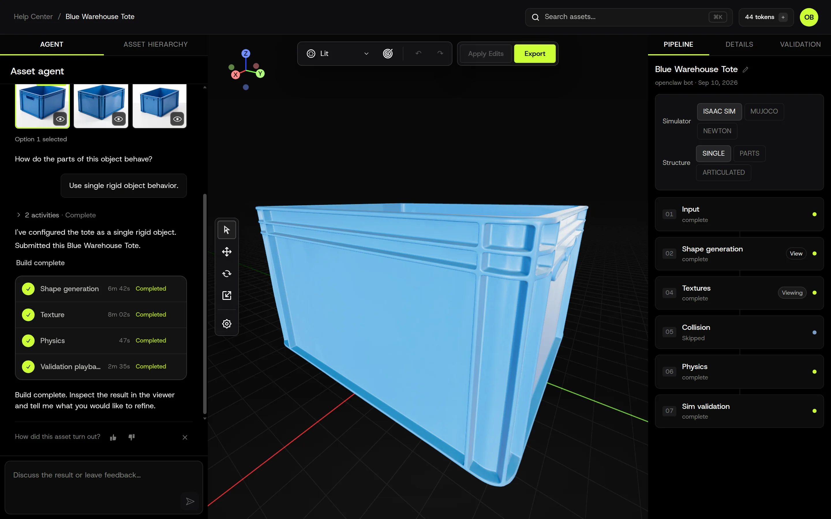 A finished asset. Details and Validation tabs are now available; Export is enabled.