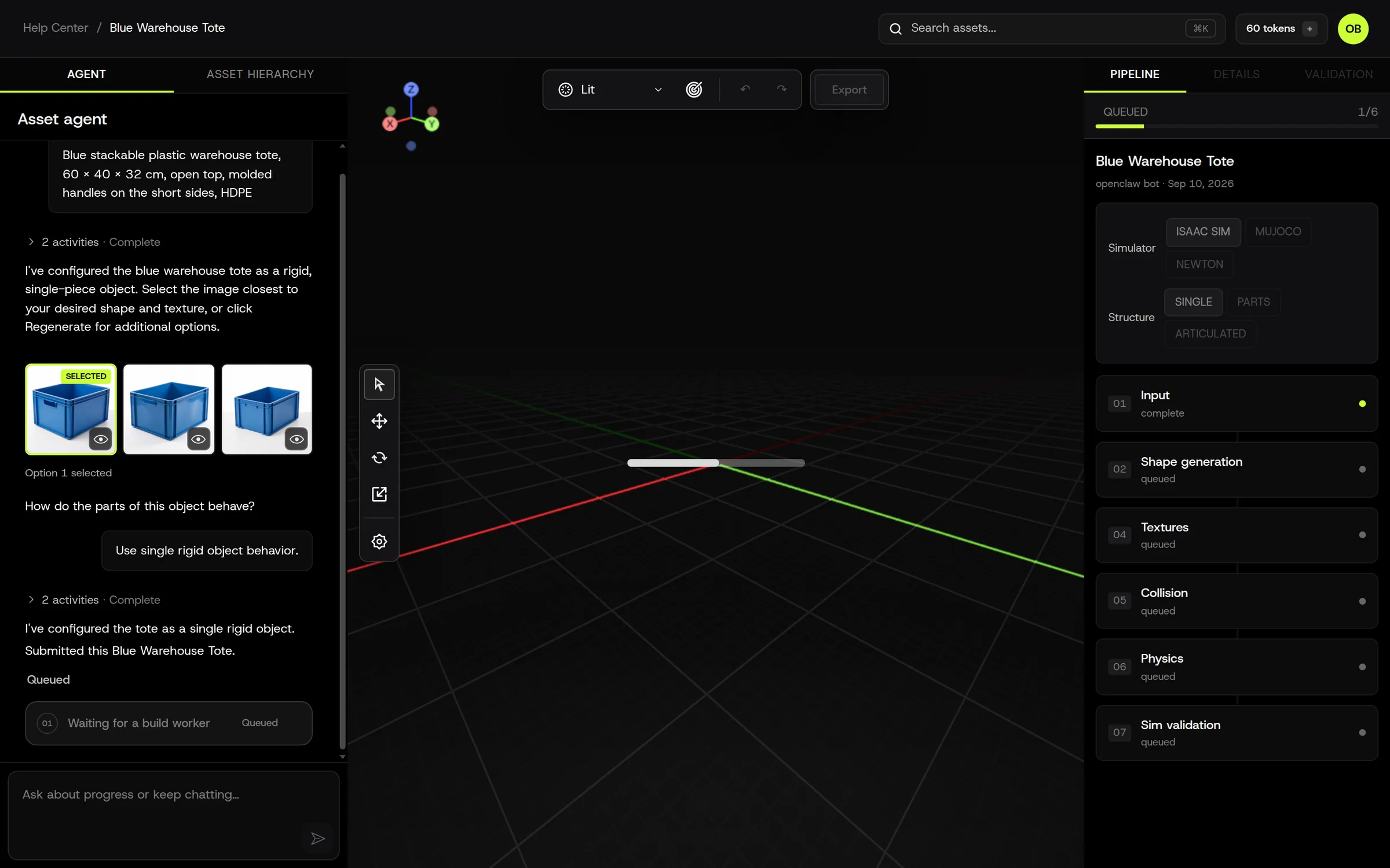 Just after Generate: the build is queued and the Pipeline tab shows every stage waiting.