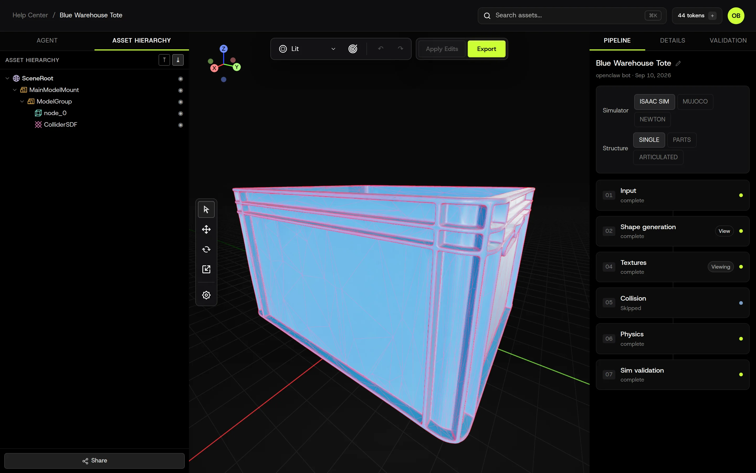 Collision shape turned on from the Asset hierarchy. This is an SDF collider on Isaac Sim.