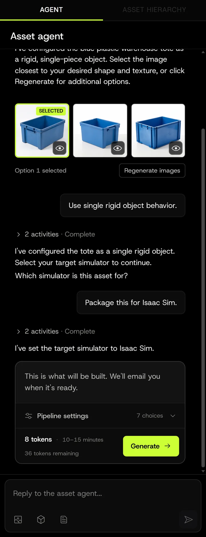 A quote on the confirmation card: 8 tokens and an estimated 10 to 15 minutes for a single rigid object, with the remaining balance underneath.