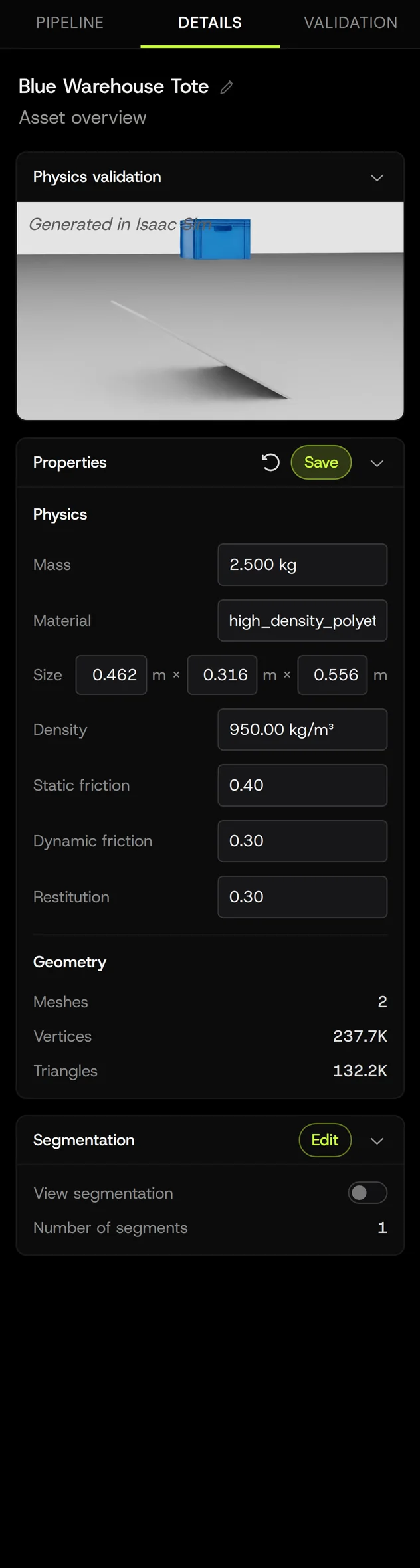 Physics values in edit mode under the Details tab. Save commits them.