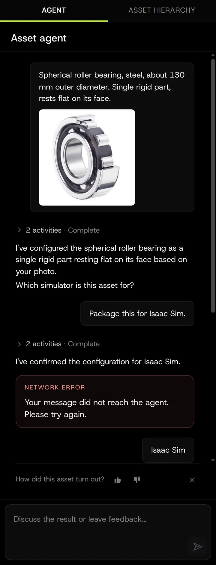 The Agent read the bearing photo, took the structure and rest pose from the description, and asked only for the simulator.
