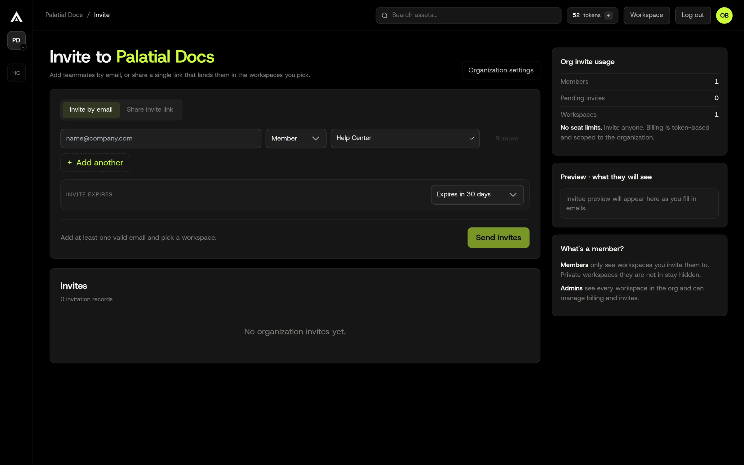 The invite page. Pick a role and the workspaces the person should see. Members only see workspaces they are invited to; admins see all of them.