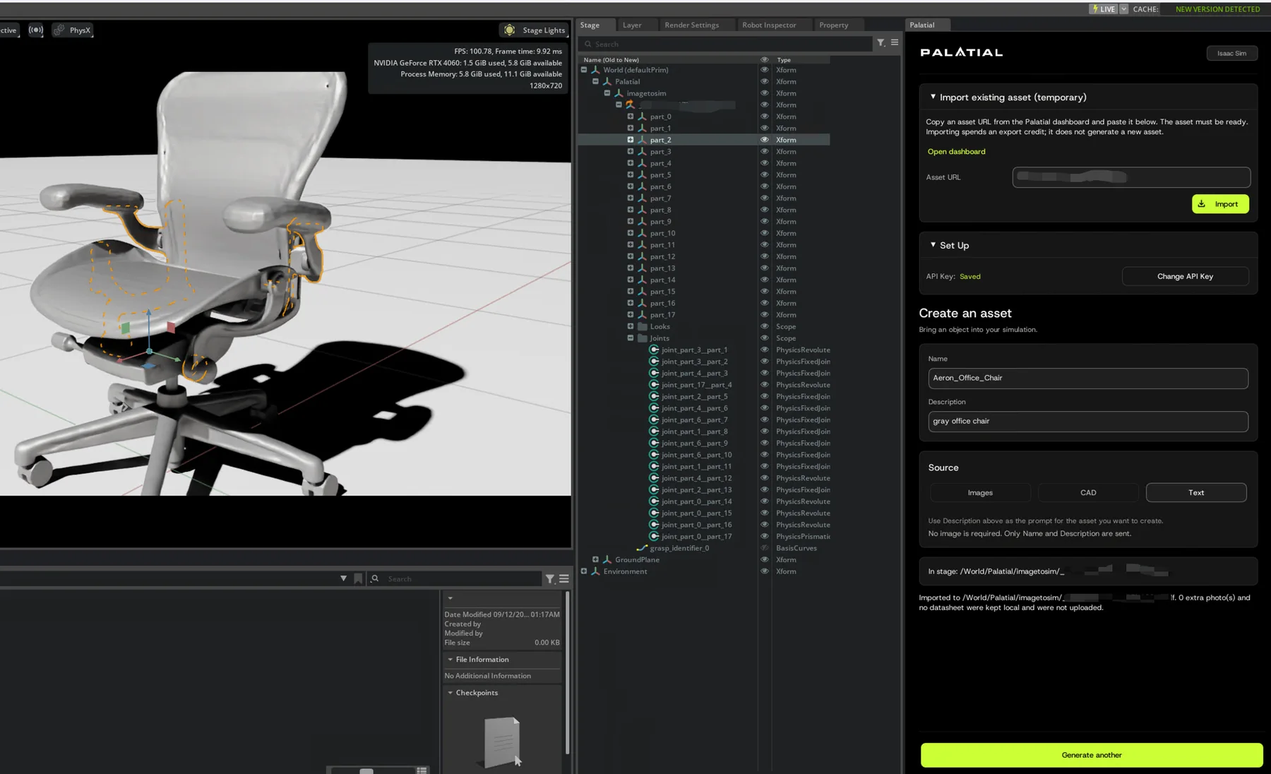 Example of a Palatial asset and its generated joints in an Isaac Sim Stage. This screenshot shows an earlier plugin interface.