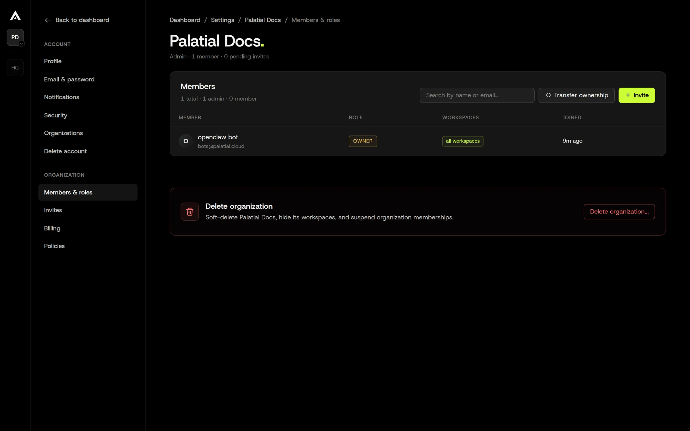 Organization settings, Members and roles. The owner is marked; Transfer ownership and Invite are top right.