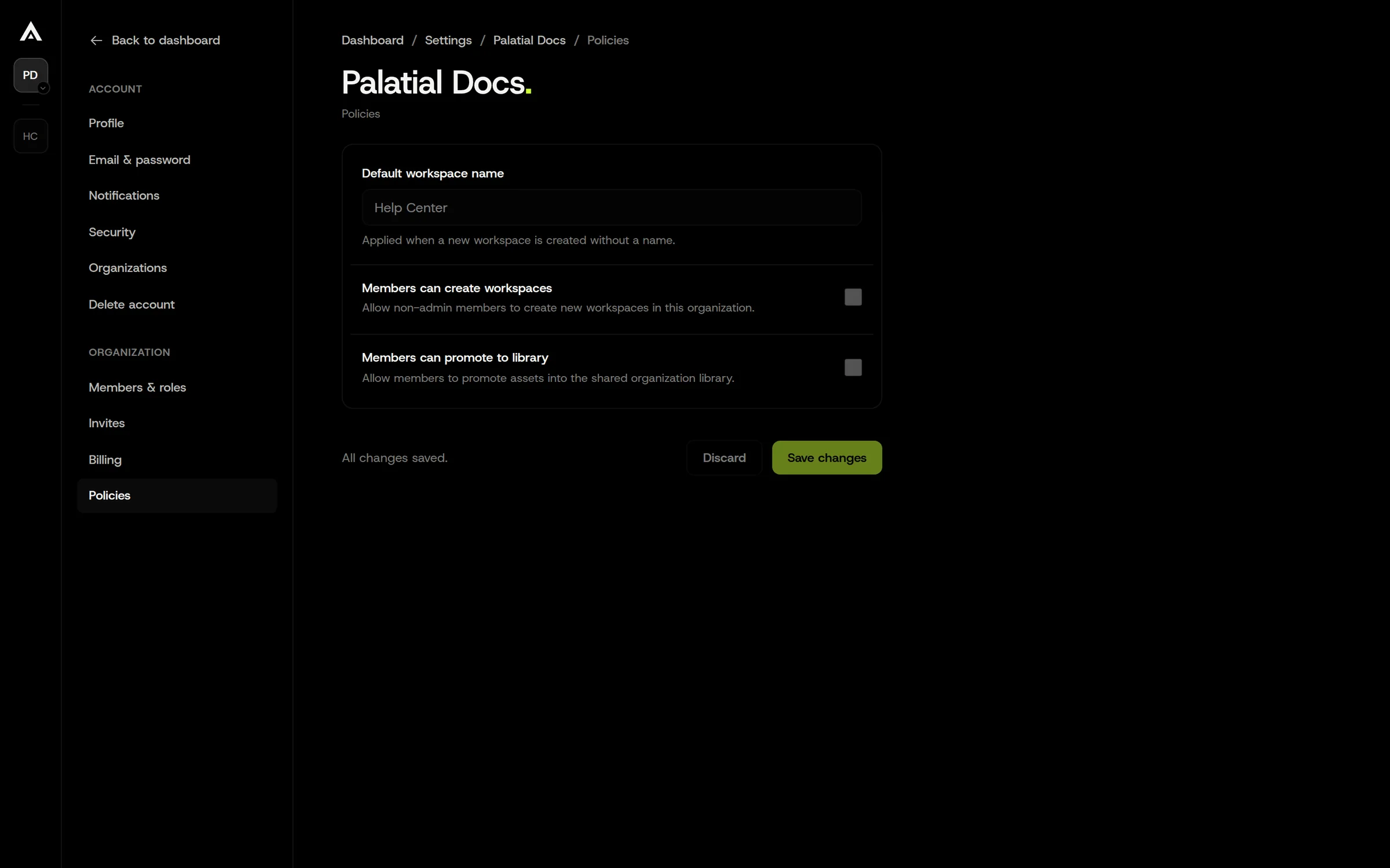 Organization settings, Policies: the two switches that let members create workspaces and publish to the library.