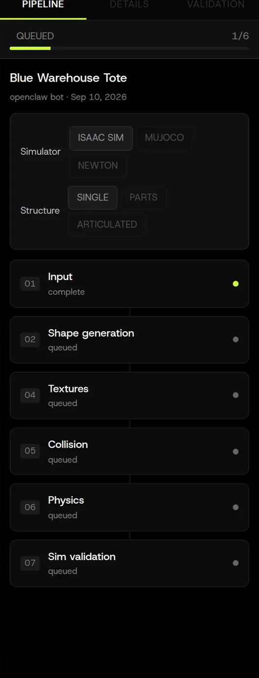 Queued: every stage waiting, the status bar at the top reads QUEUED.