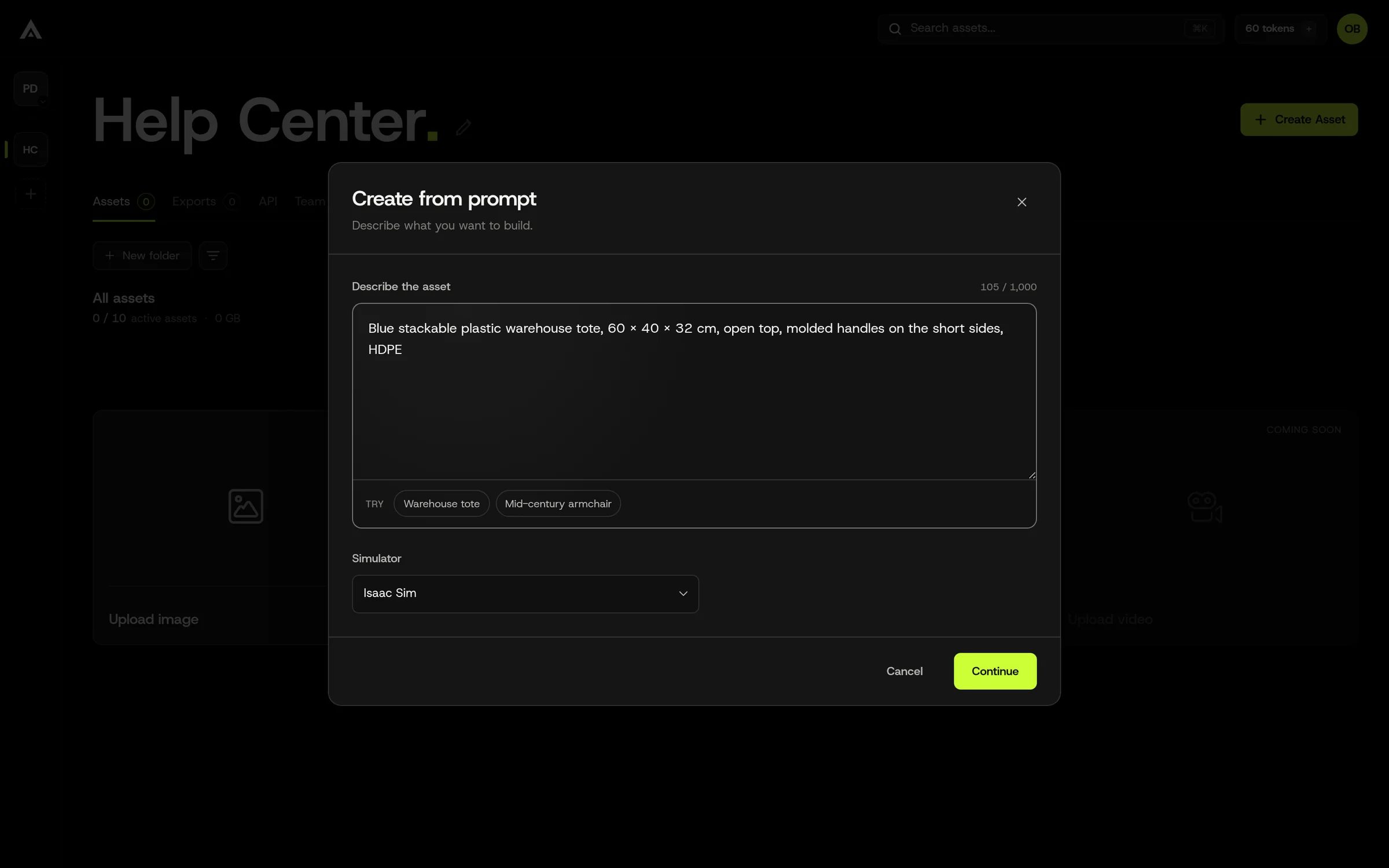 The Create from prompt dialog. One or two sentences is enough; the Agent asks for anything else it needs.