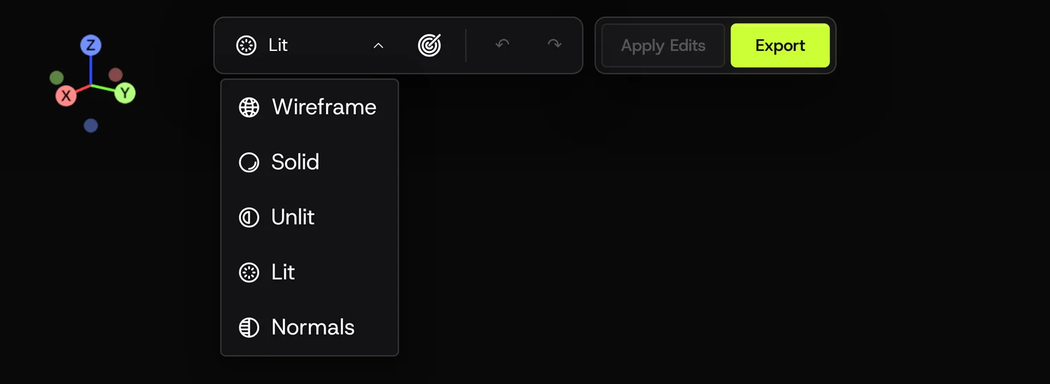 The view mode menu, open on the stage toolbar: Wireframe, Solid, Unlit, Lit, Normals.