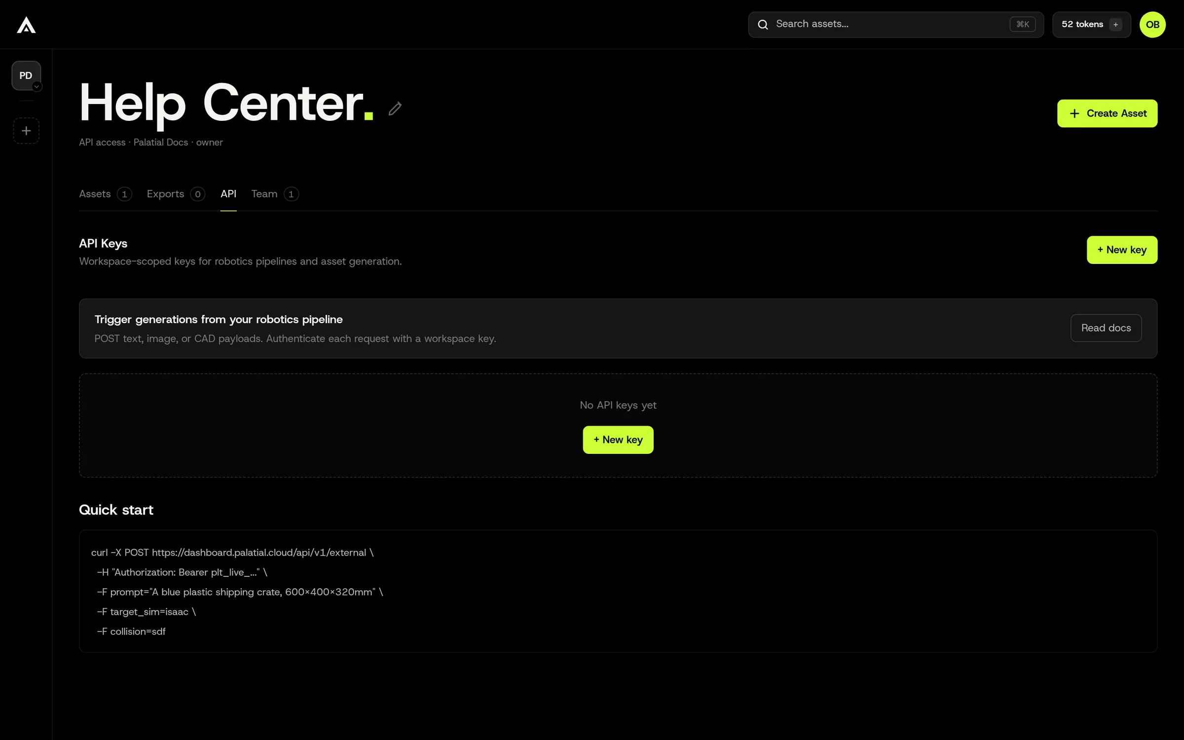 The workspace API tab. Keys are scoped to this workspace.